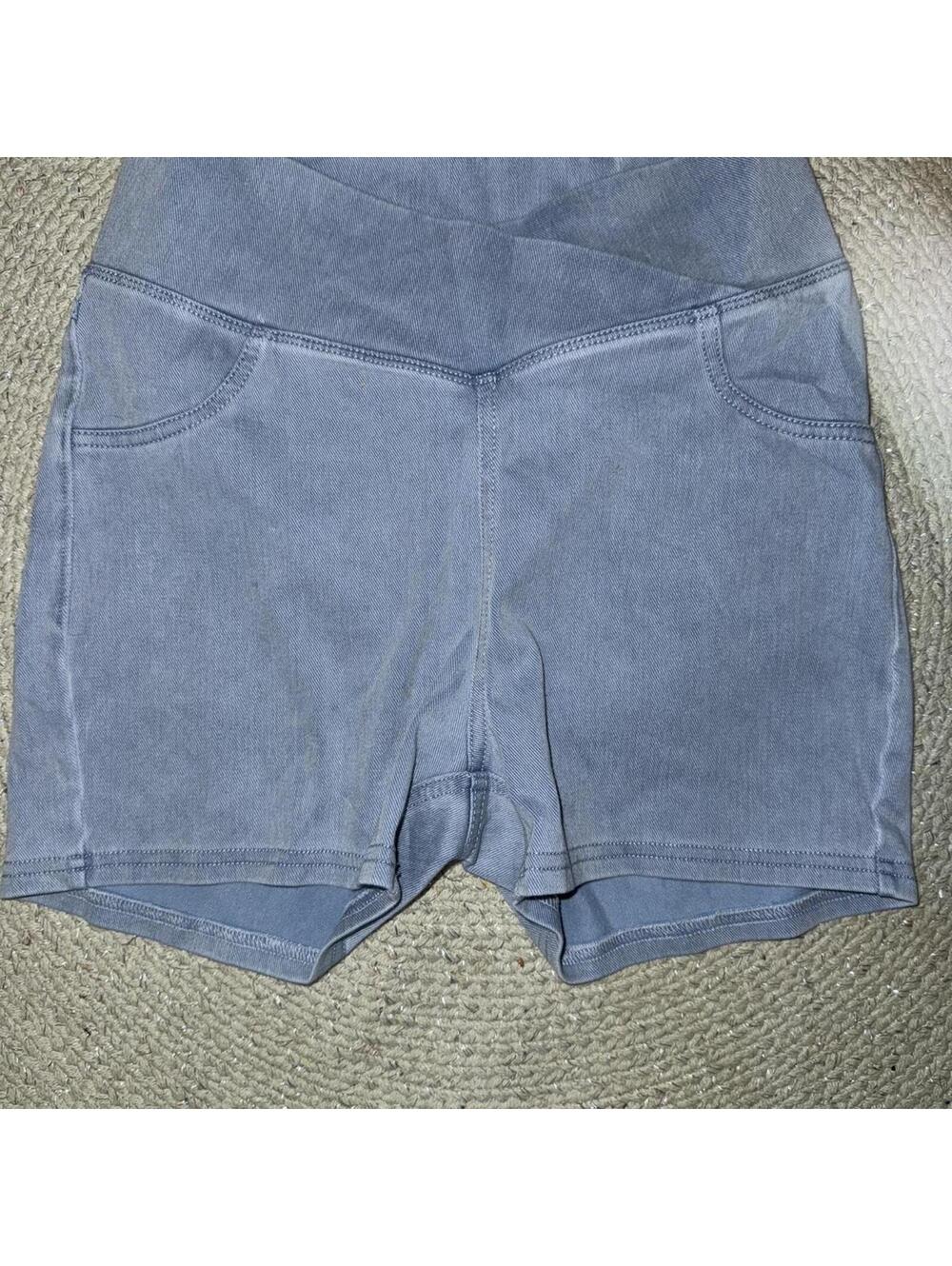 Halara Women's Blue Grey jean denim Shorts crossover waist pull on soft!